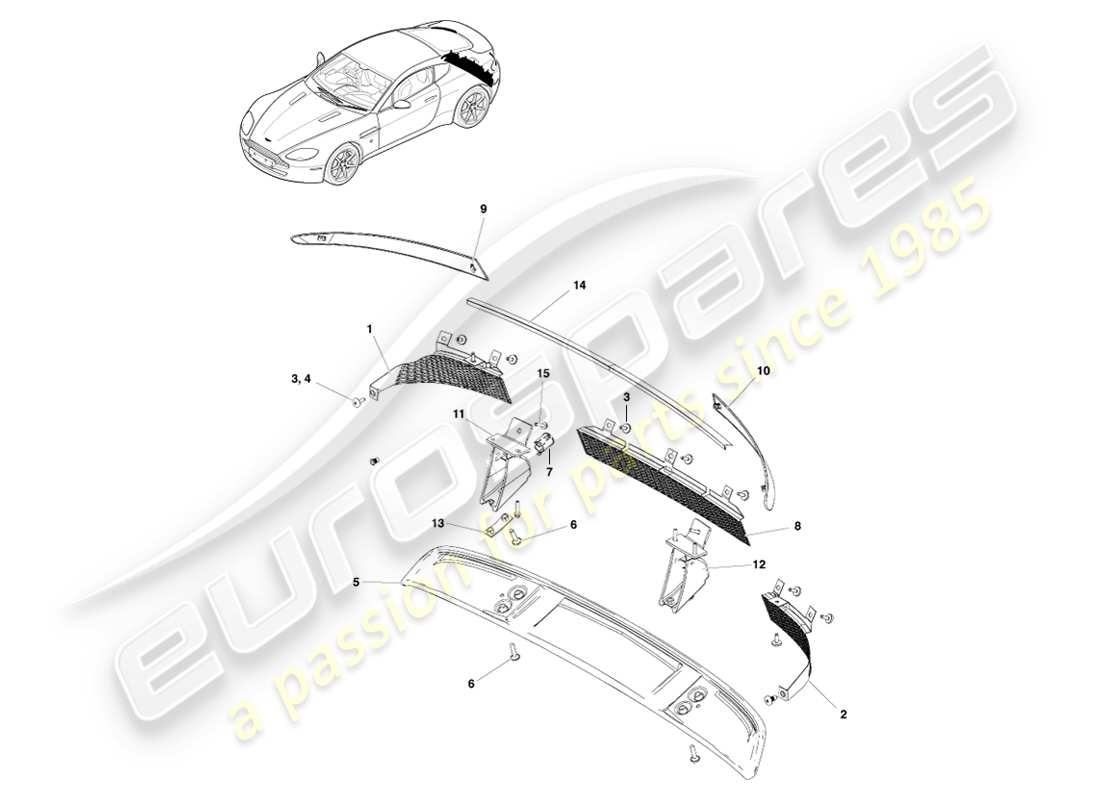 aston martin v8 vantage (2007) diagrama de piezas de moldura del extremo trasero de la carrocería