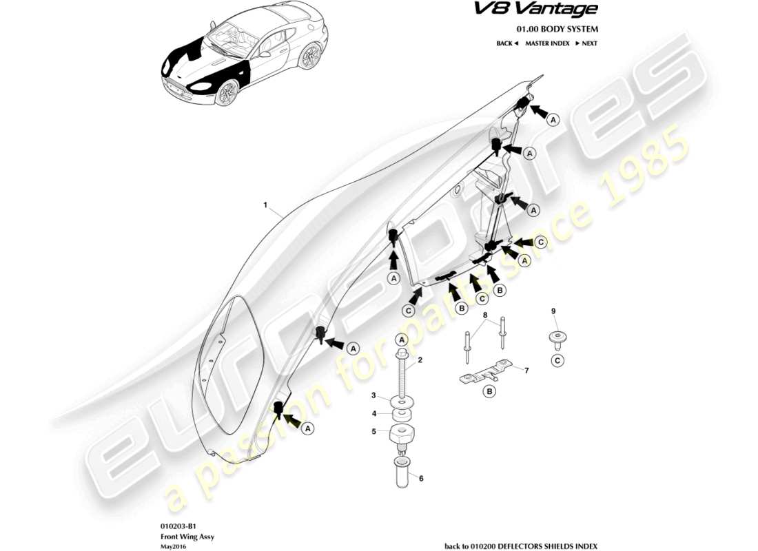 aston martin v8 vantage (2018) diagrama de piezas del conjunto del alerón delantero