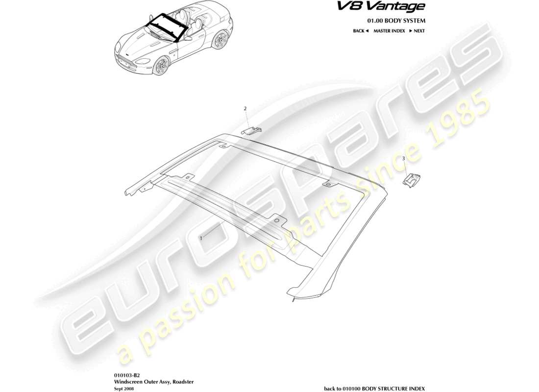 aston martin v8 vantage (2018) diagrama de piezas del parabrisas, exterior y roadster