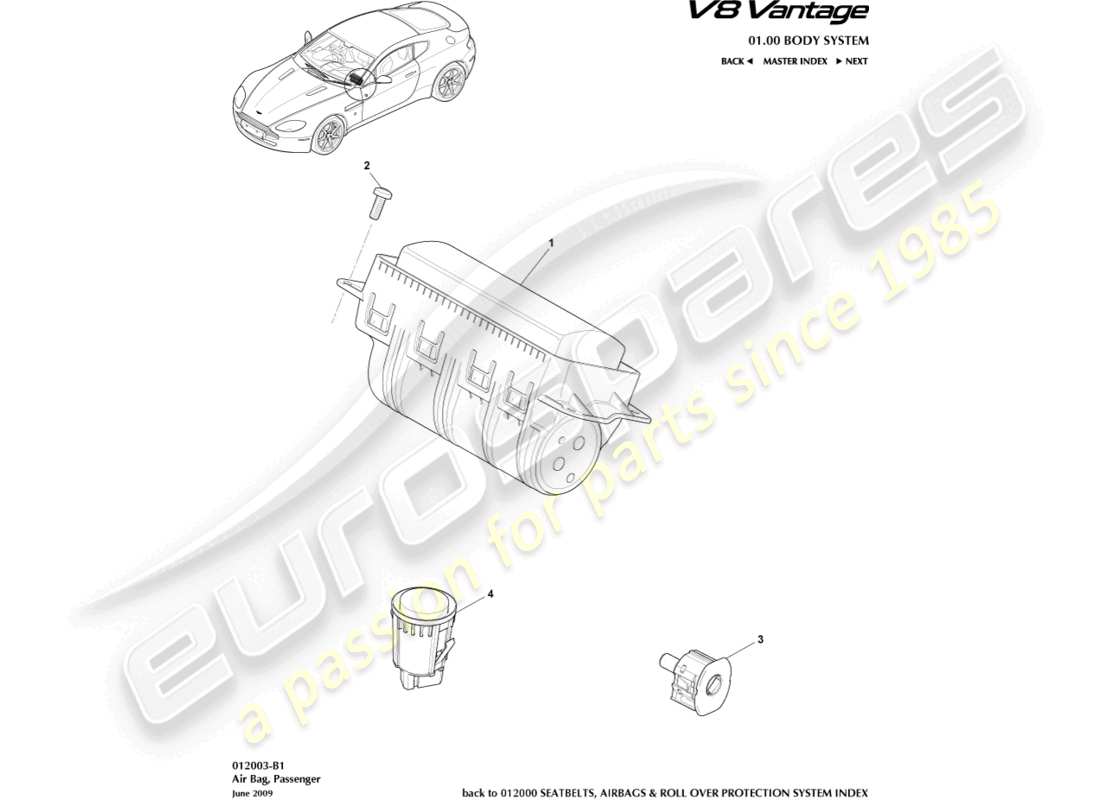 aston martin v8 vantage (2018) diagrama de piezas del airbag del pasajero