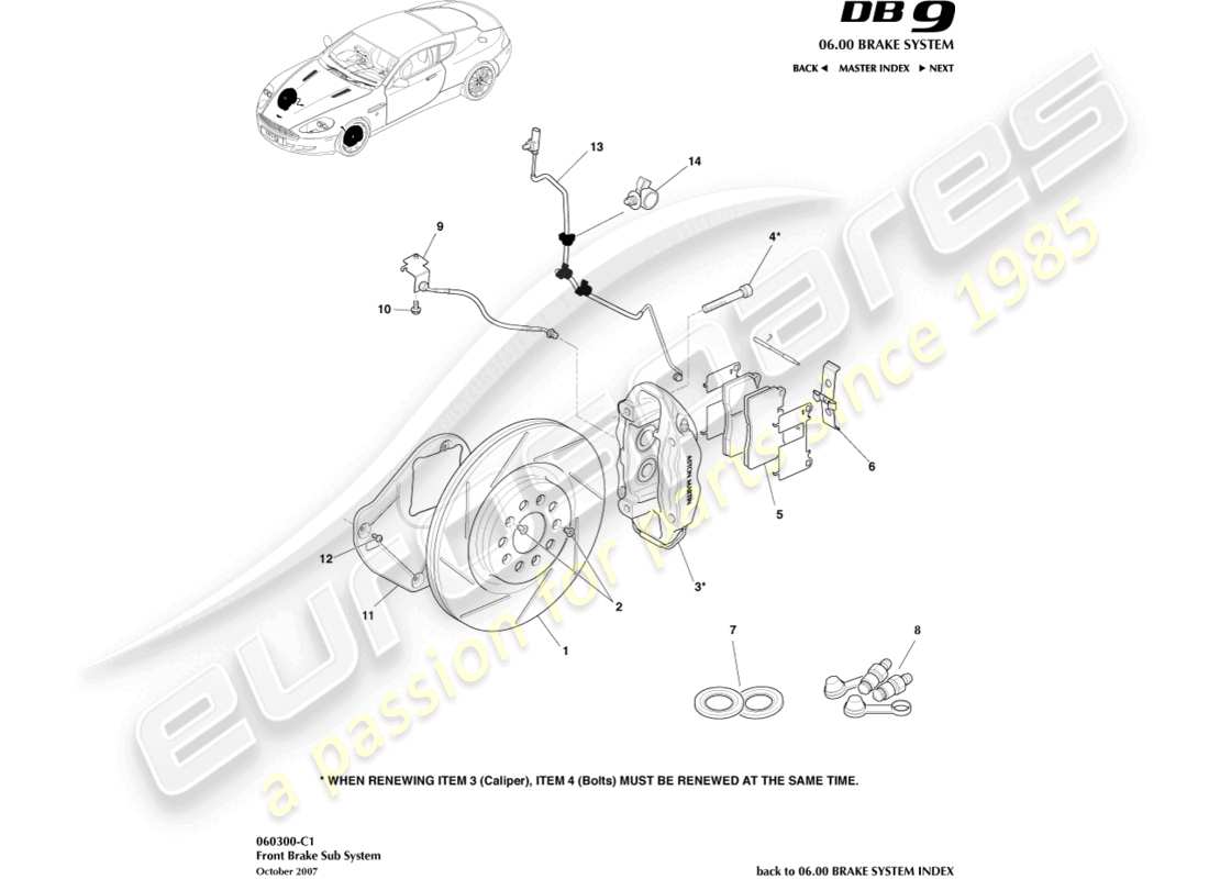 aston martin db9 (2010) diagrama de piezas del sistema de freno delantero