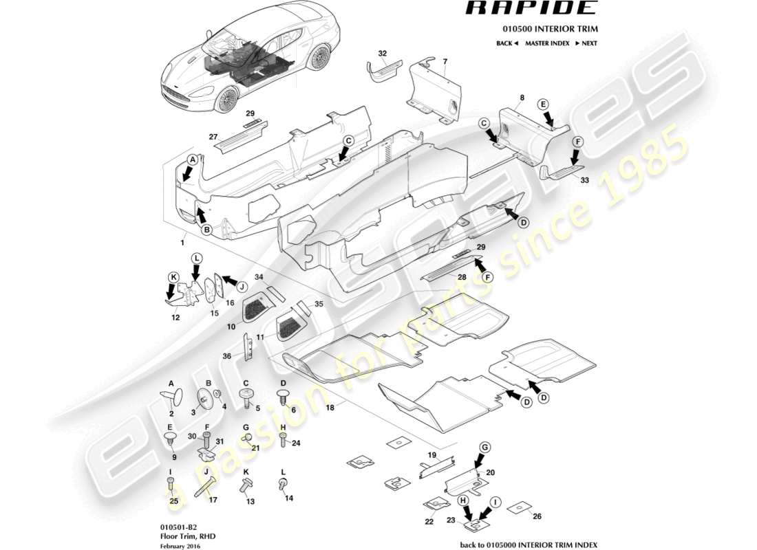 aston martin rapide (2014) moldura del piso principal, lado derecho diagrama de piezas