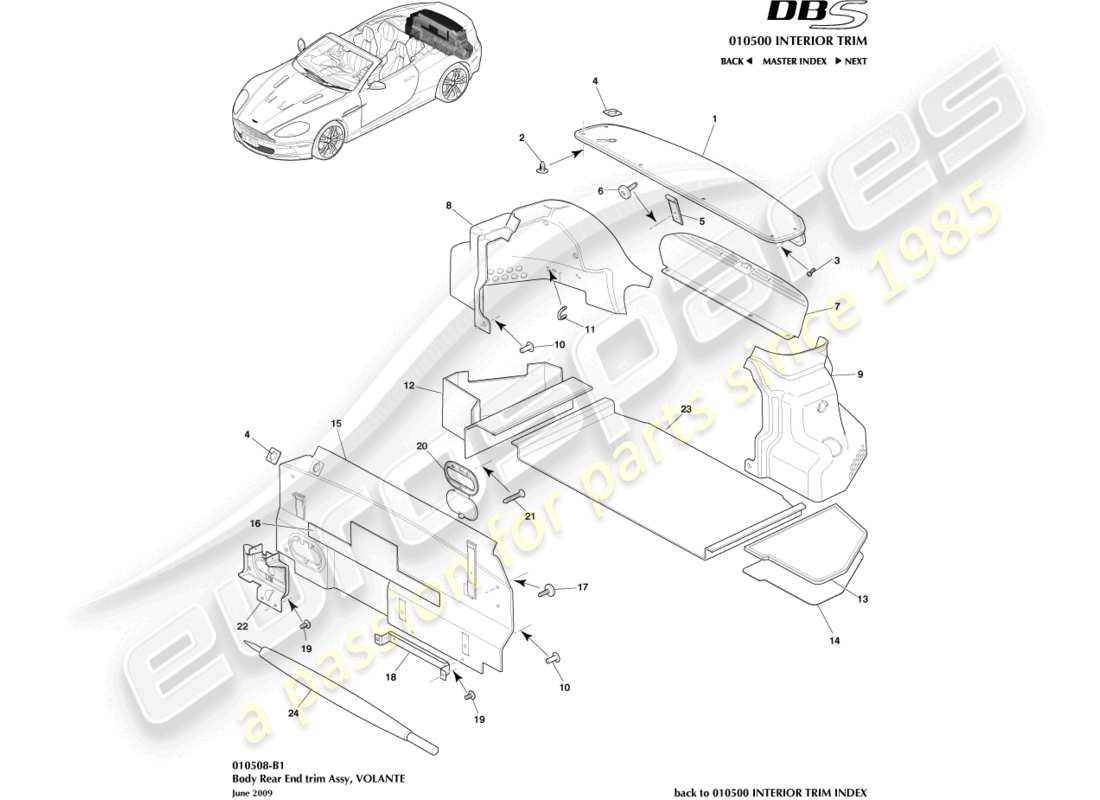 aston martin dbs (2013) rear end trim, volante diagrama de piezas