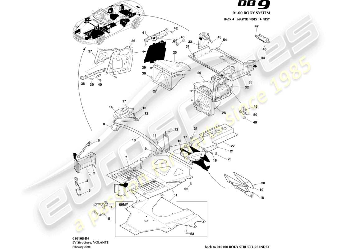 aston martin db9 (2007) estructura ev, volante diagrama de piezas