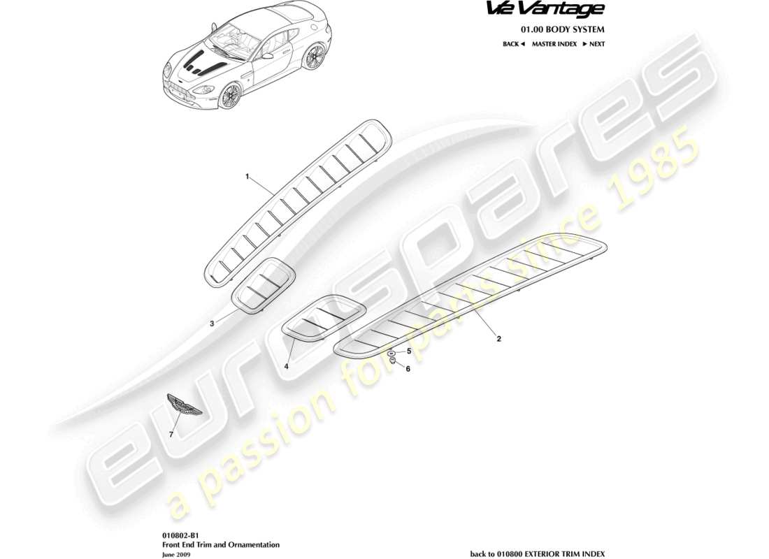 aston martin v12 vantage (2011) diagrama de piezas de moldura frontal