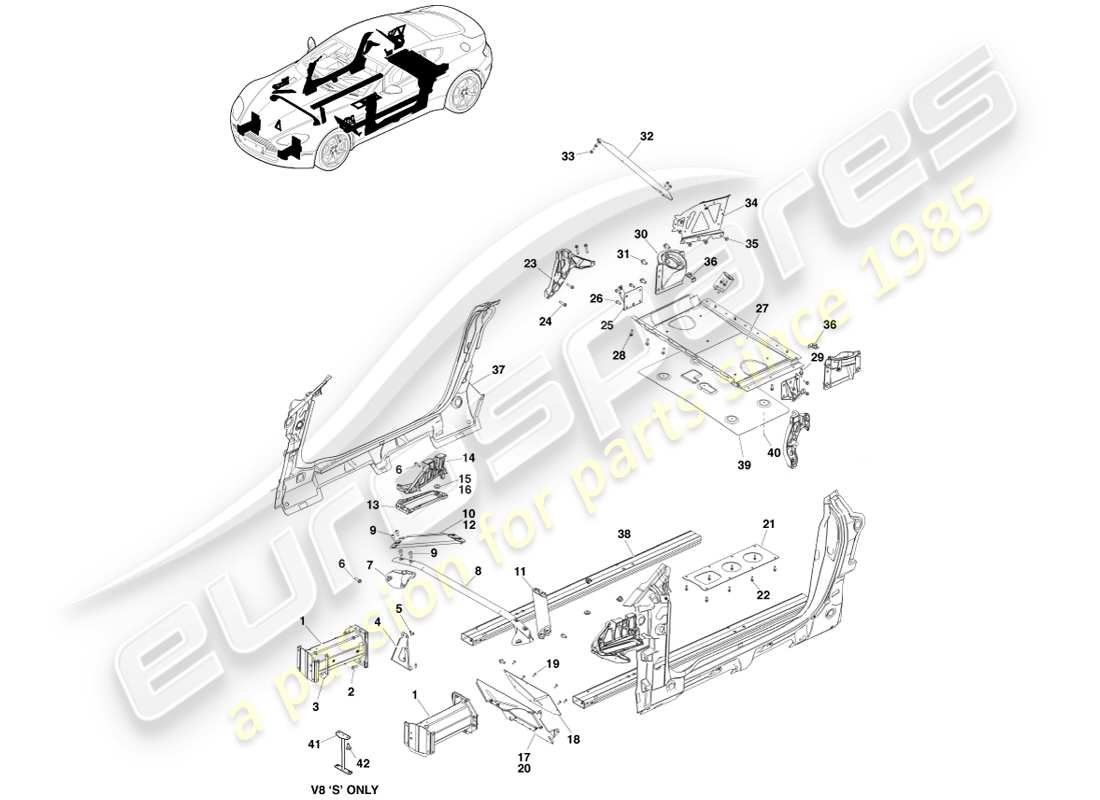 aston martin v8 vantage (2005) componentes de la carrocería, diagrama de piezas del cupé
