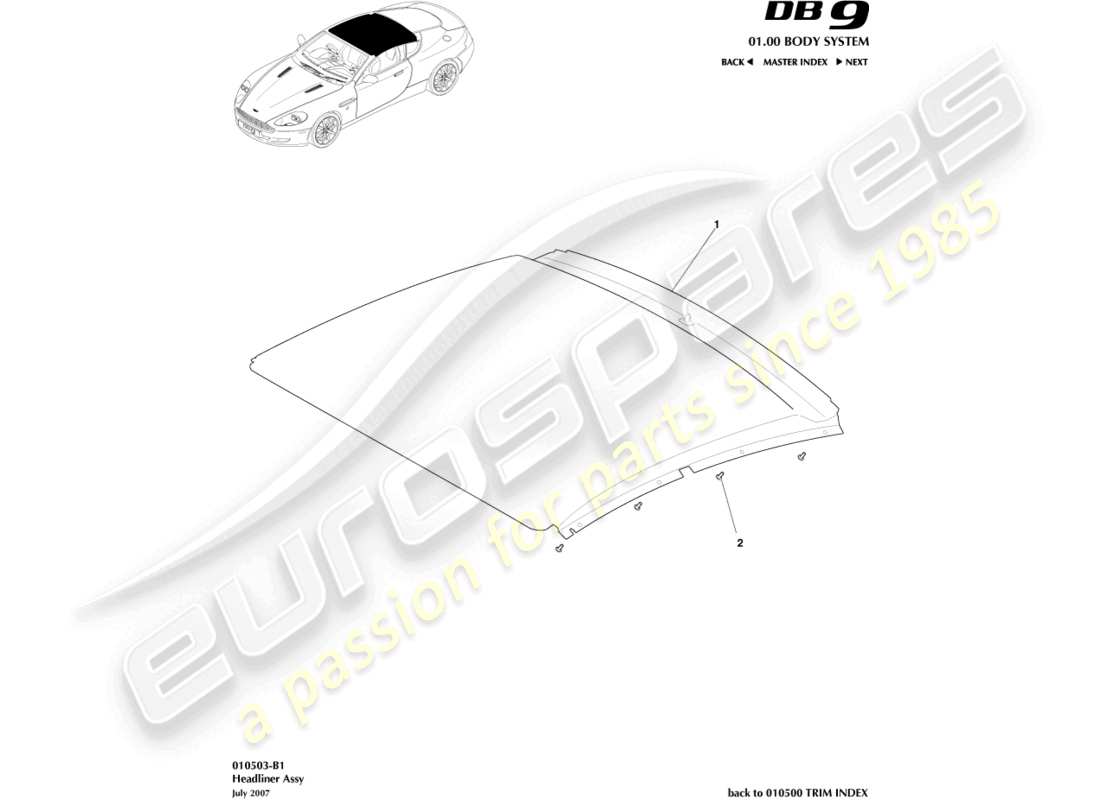 aston martin db9 (2010) diagrama de piezas del conjunto del techo interior