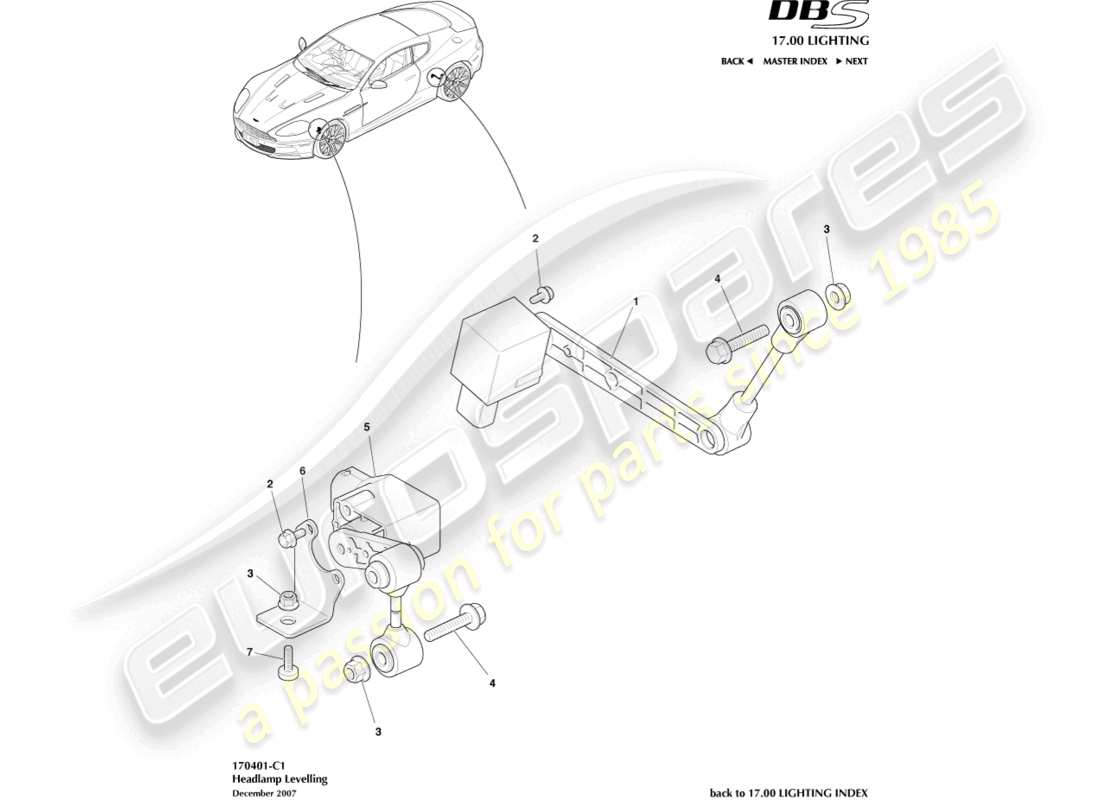 aston martin dbs (2007) nivelación de faros diagrama de piezas