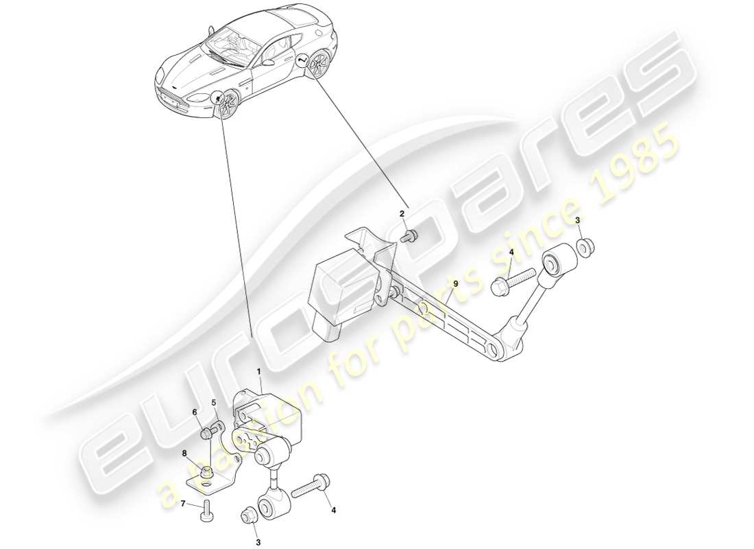 aston martin v8 vantage (2005) diagrama de piezas de nivelación de faros