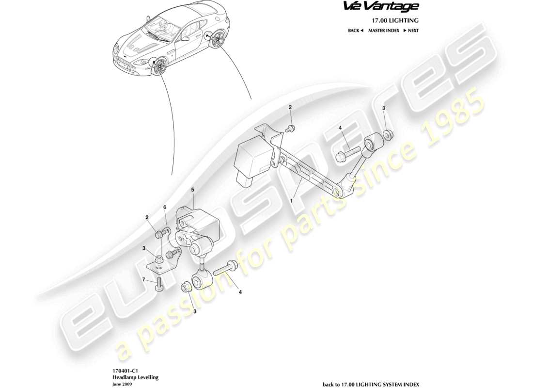 aston martin v12 vantage (2010) diagrama de piezas de nivelación de faros