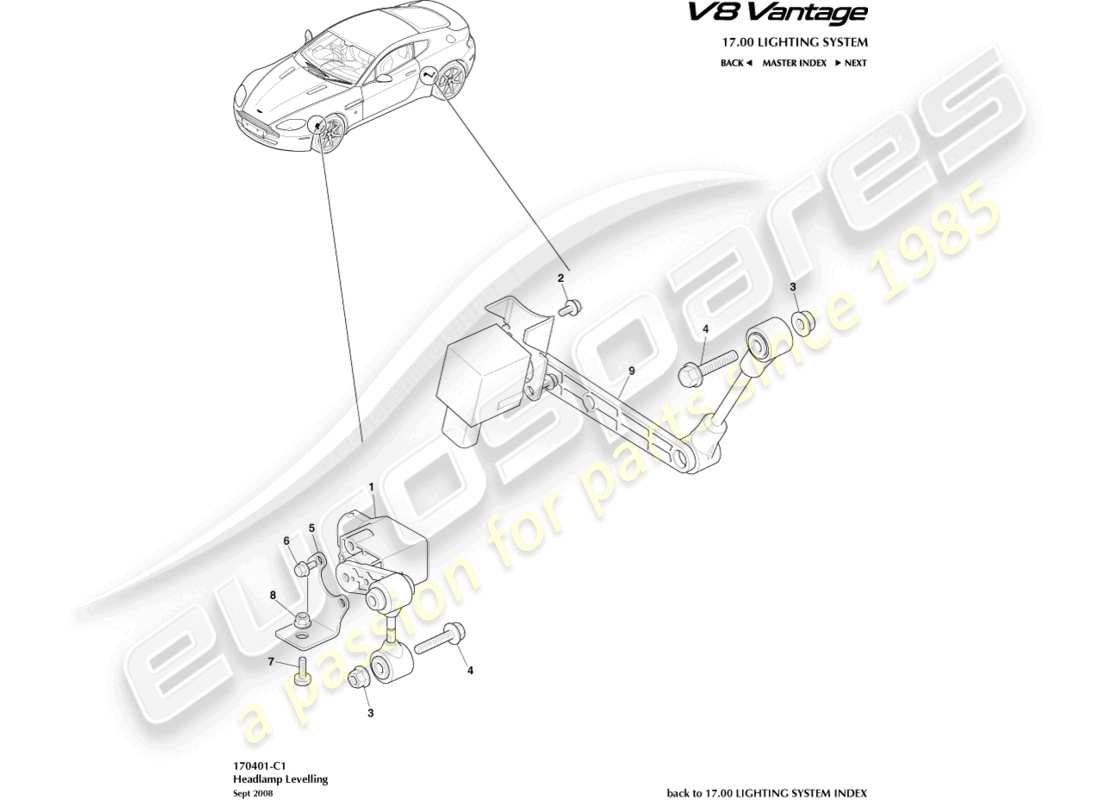 aston martin v8 vantage (2018) diagrama de piezas de nivelación de faros