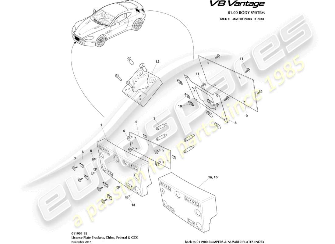 aston martin v8 vantage (2018) soportes de matrícula, china, reserva federal, diagrama de piezas del ccg