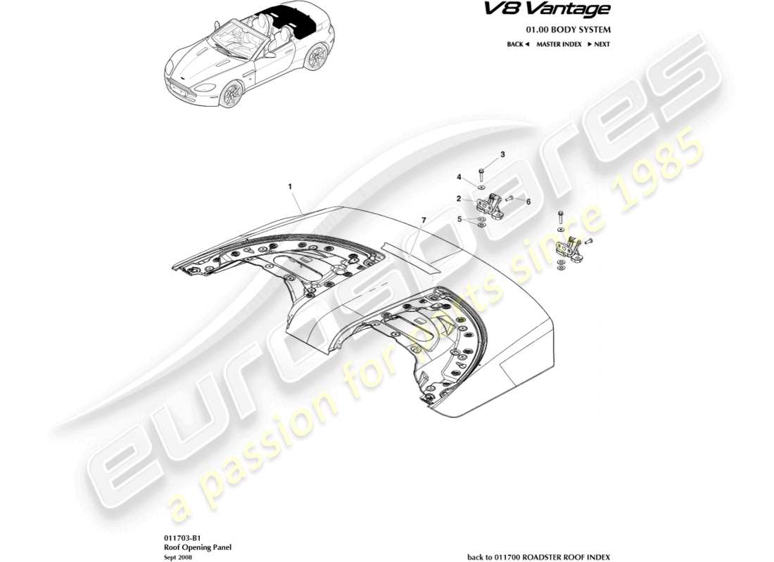 aston martin v8 vantage (2018) diagrama de piezas del panel de abertura del techo