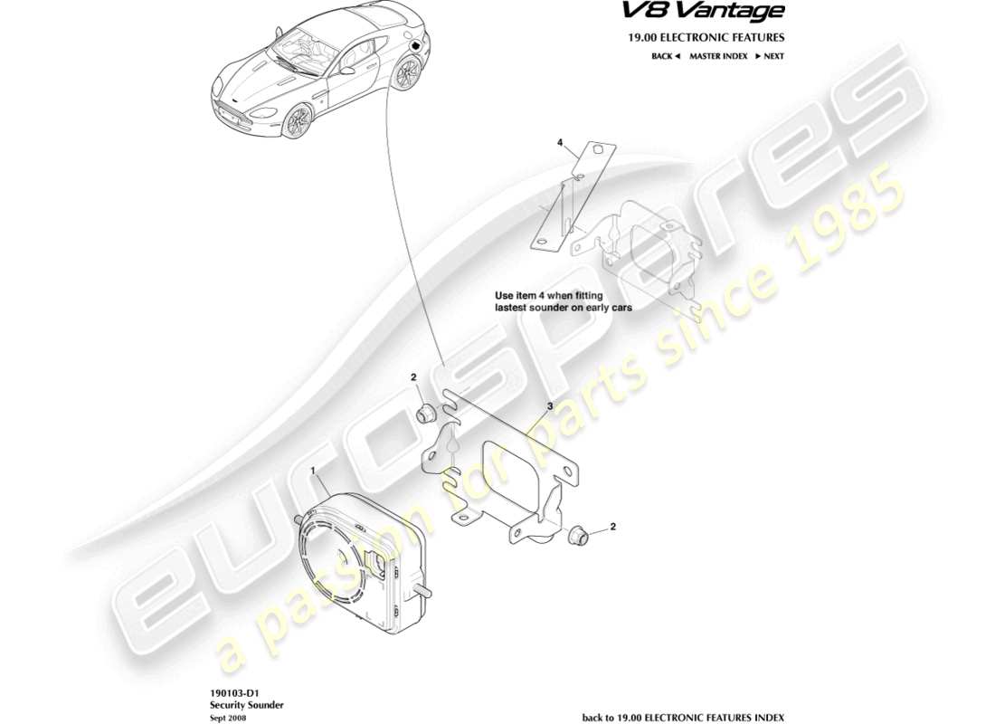 aston martin v8 vantage (2018) diagrama de piezas de la sirena de seguridad