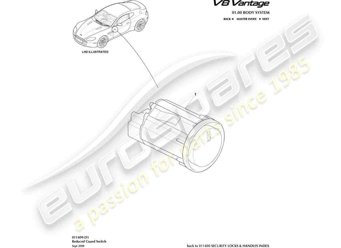aston martin v8 vantage (2006) diagrama de piezas del interruptor de protección reducido