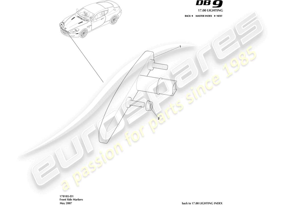 aston martin db9 (2010) diagrama de piezas de los marcadores laterales delanteros