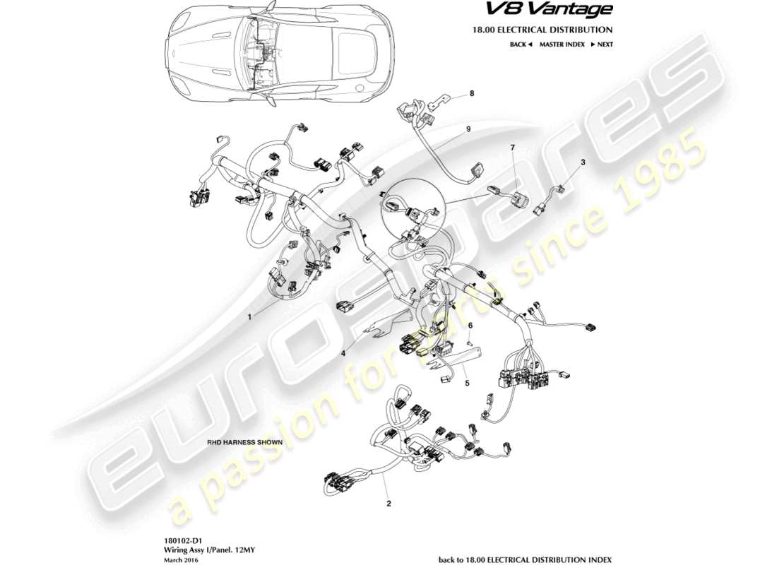 aston martin v8 vantage (2006) arnés ip, diagrama de pieza 12my