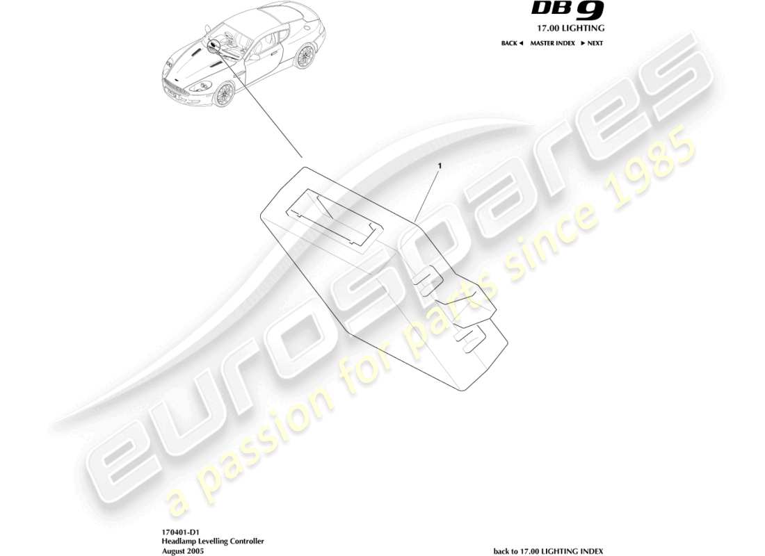 aston martin db9 (2010) diagrama de piezas del controlador de nivelación de faros