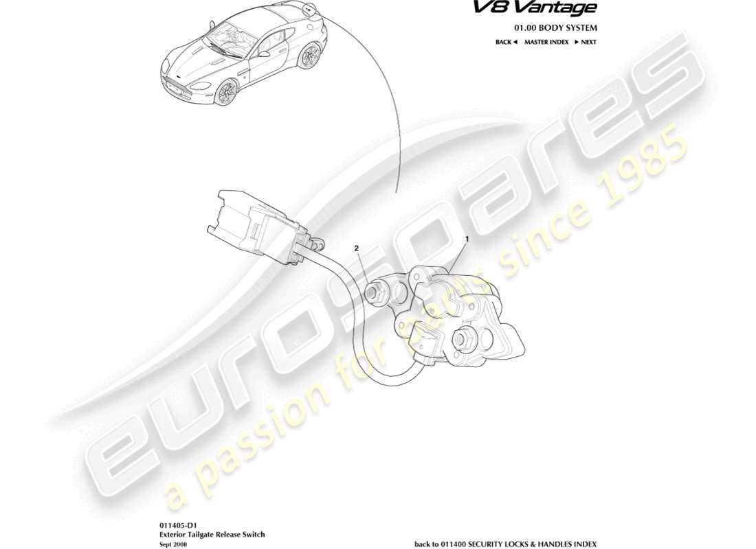 aston martin v8 vantage (2018) diagrama de piezas de liberación del portón trasero