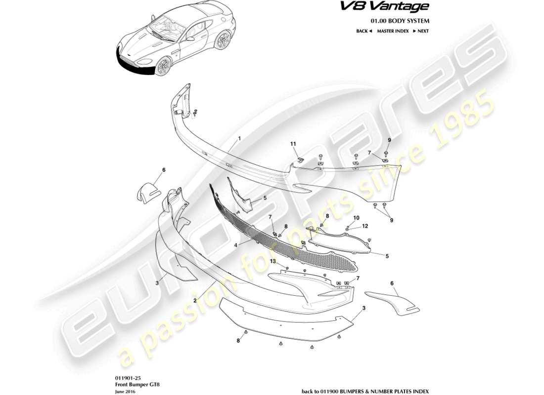 aston martin v8 vantage (2018) parachoques delantero, diagrama de pieza gt8