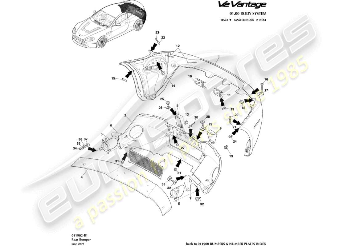 aston martin v12 vantage (2013) diagrama de piezas del parachoques trasero