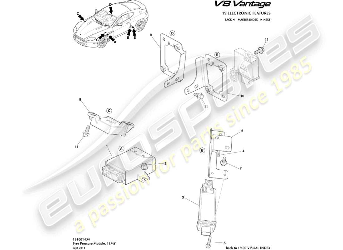 aston martin v8 vantage (2013) módulo de presión de neumáticos, diagrama de pieza 11my