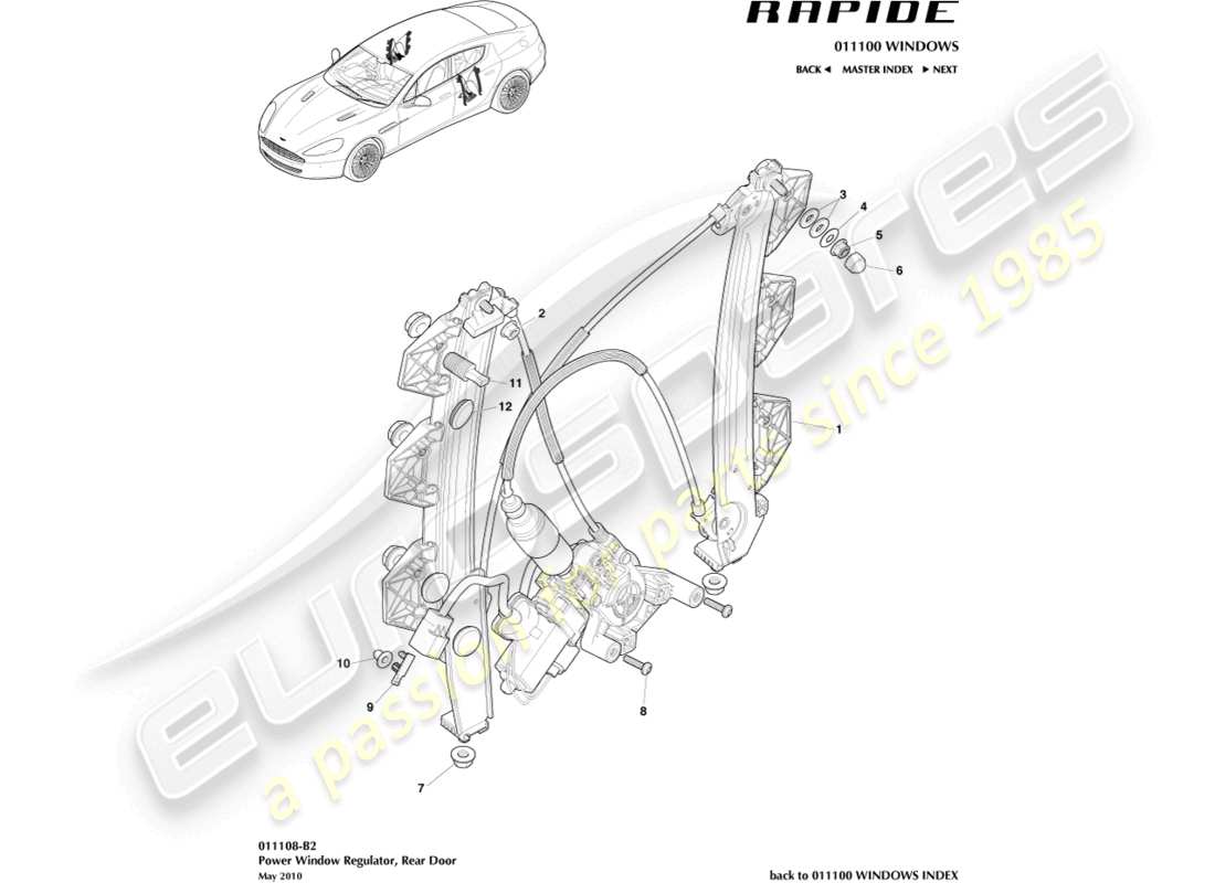 aston martin rapide (2012) diagrama de piezas del regulador de la ventana trasera