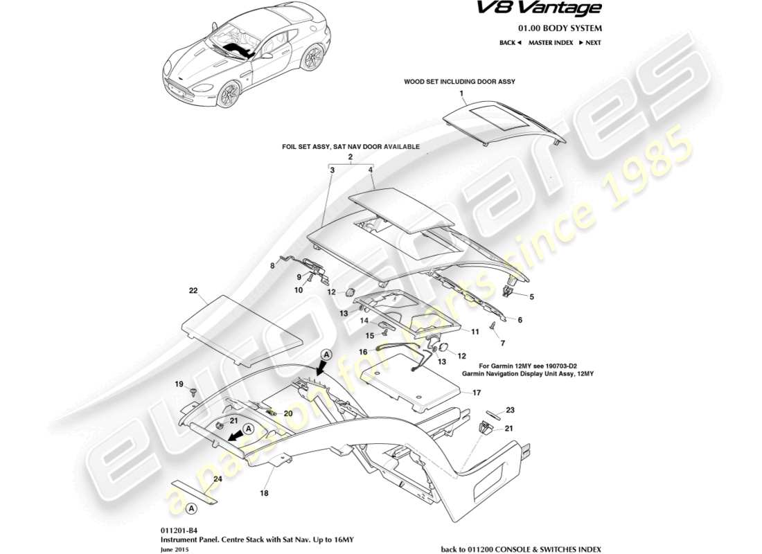 aston martin v8 vantage (2018) consola central, con navegación por satélite, a 16my diagrama de piezas