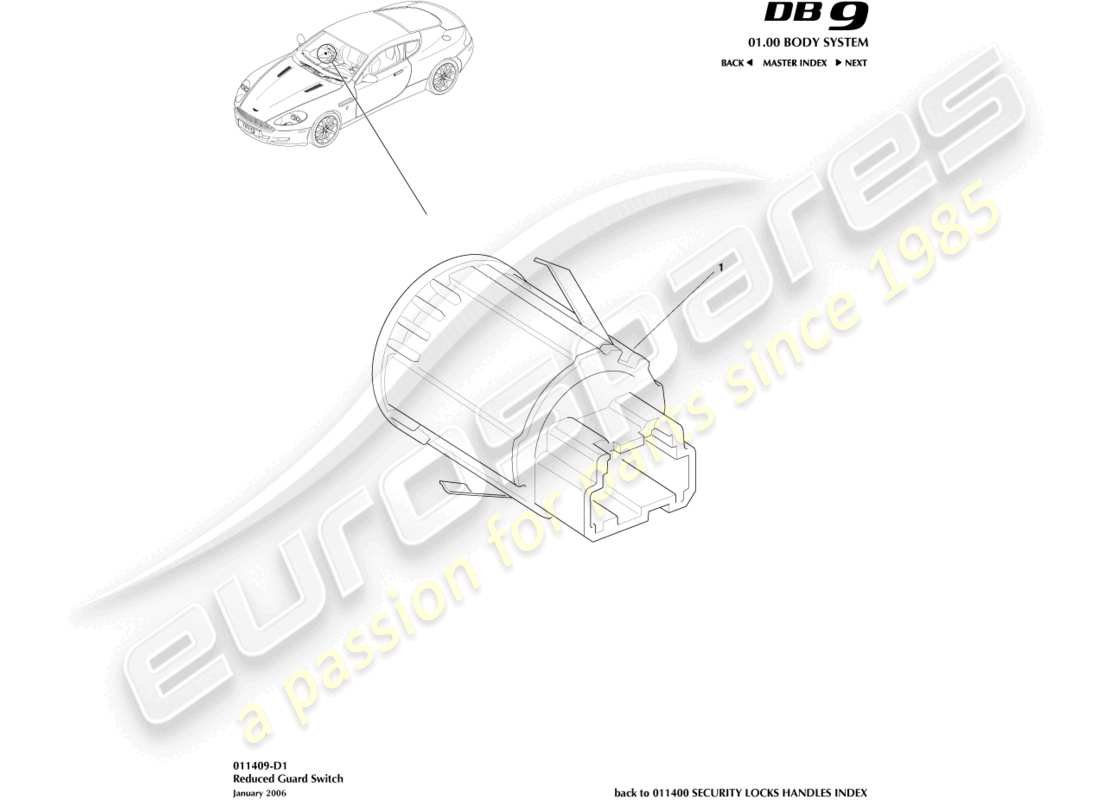 aston martin db9 (2008) diagrama de piezas del interruptor de protección reducido