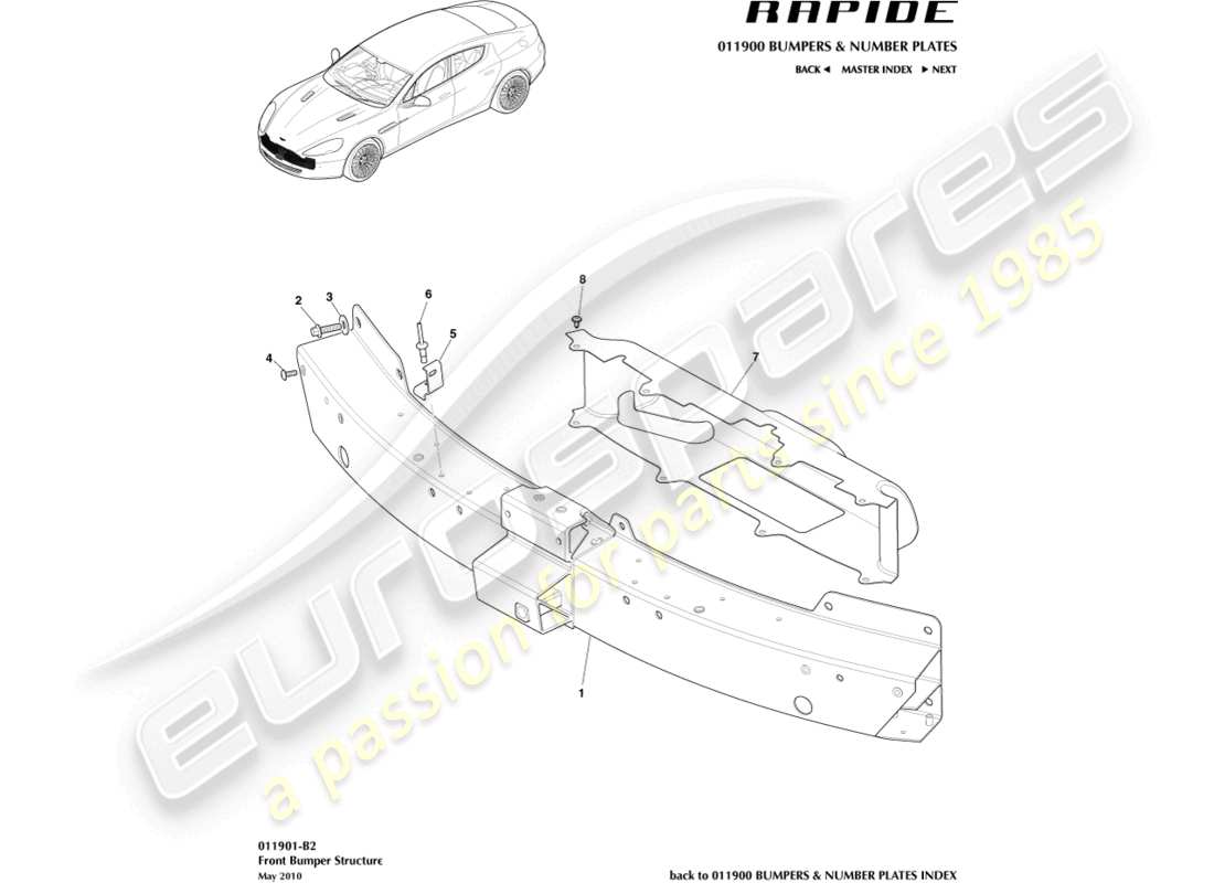 aston martin rapide (2012) diagrama de piezas de la estructura del parachoques delantero