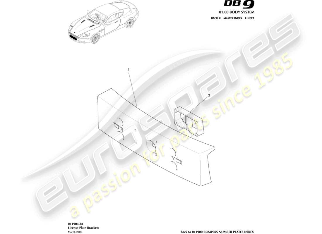 aston martin db9 (2008) diagrama de piezas de soportes de matrícula