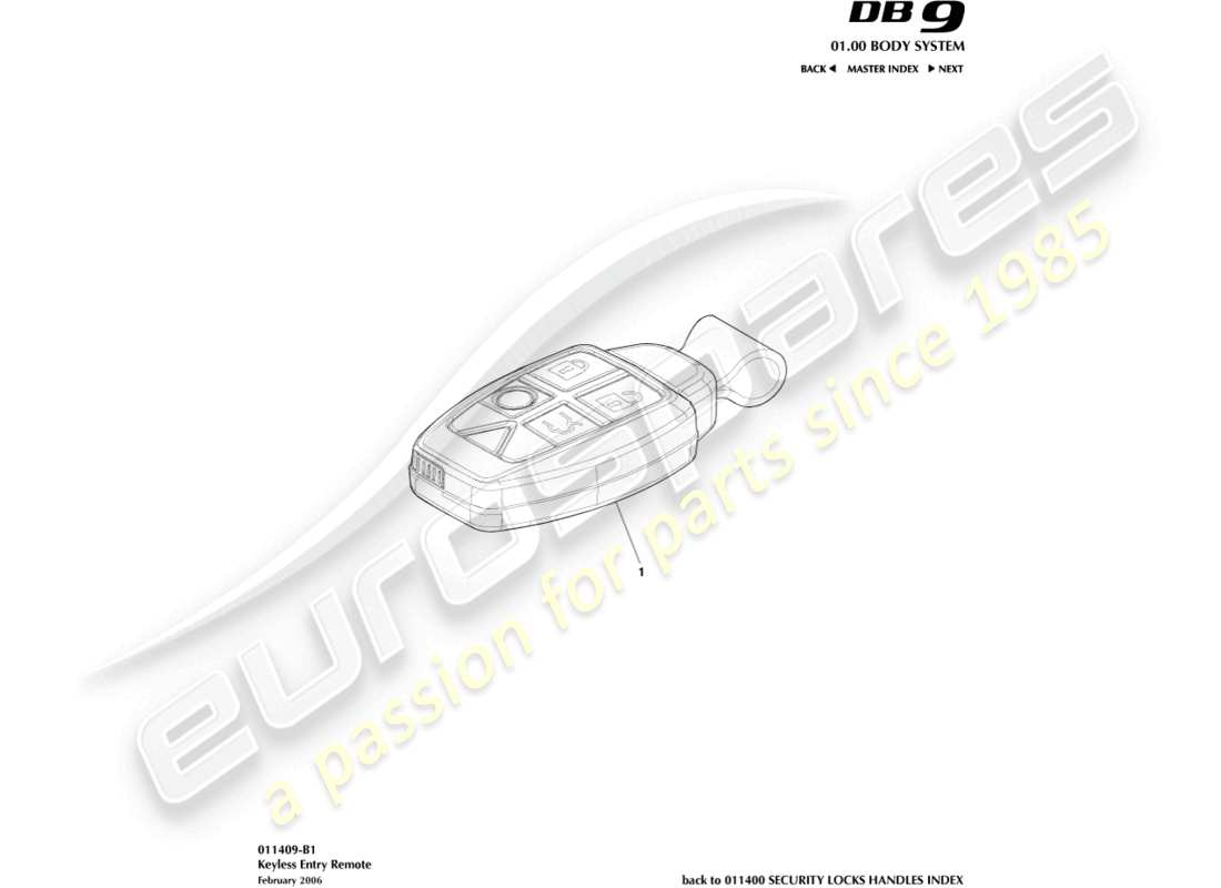 aston martin db9 (2008) diagrama de piezas del control remoto de entrada sin llave