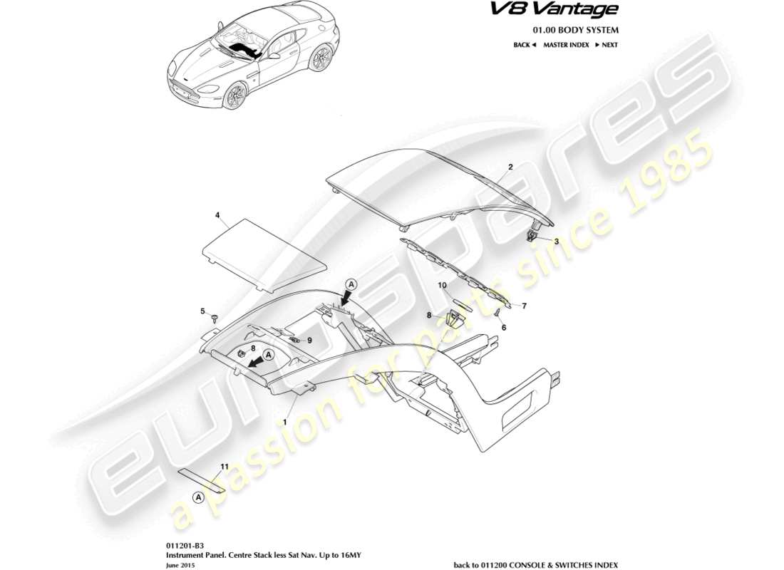 aston martin v8 vantage (2018) consola central, menos decir navegación a 16my diagrama de piezas