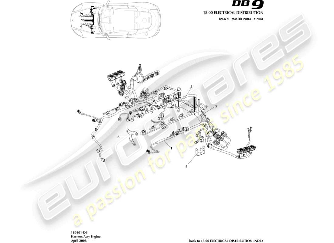 aston martin db9 (2008) diagrama de piezas del arnés del motor