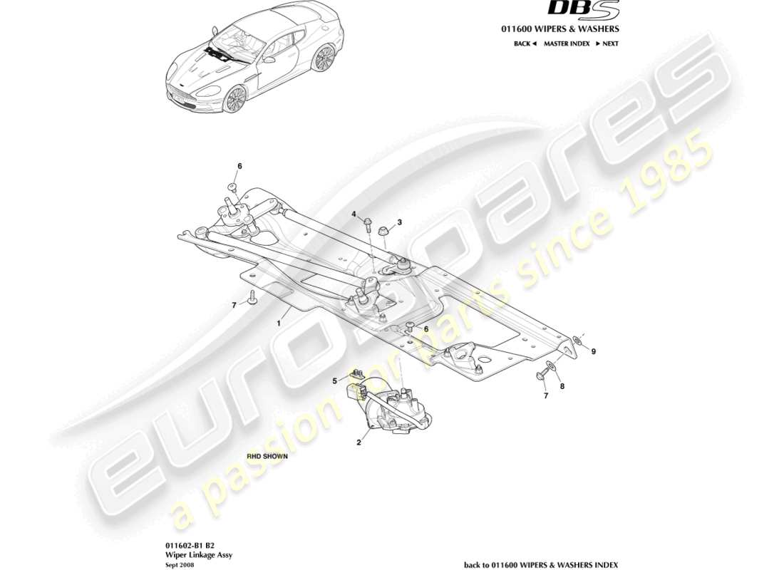aston martin dbs (2010) conjunto de varillaje de limpiaparabrisas diagrama de piezas