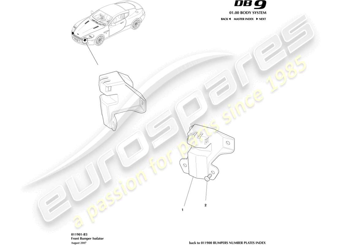 aston martin db9 (2008) diagrama de piezas del aislador del parachoques delantero