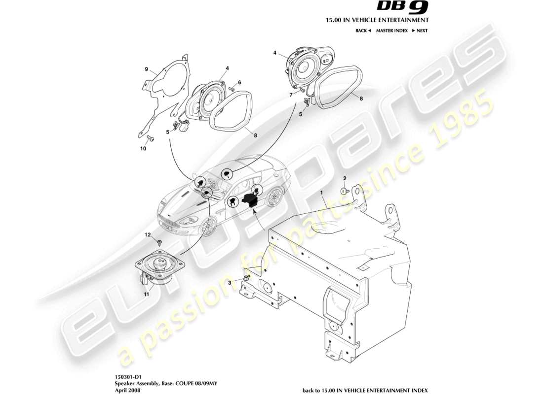 aston martin db9 (2010) diagrama de piezas de altavoz, base y cupé