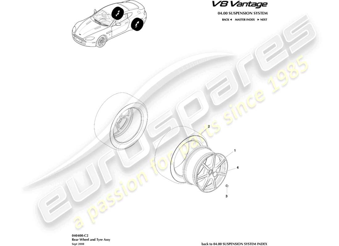 aston martin v8 vantage (2018) ruedas y neumáticos traseros, hasta el diagrama de pieza 09my