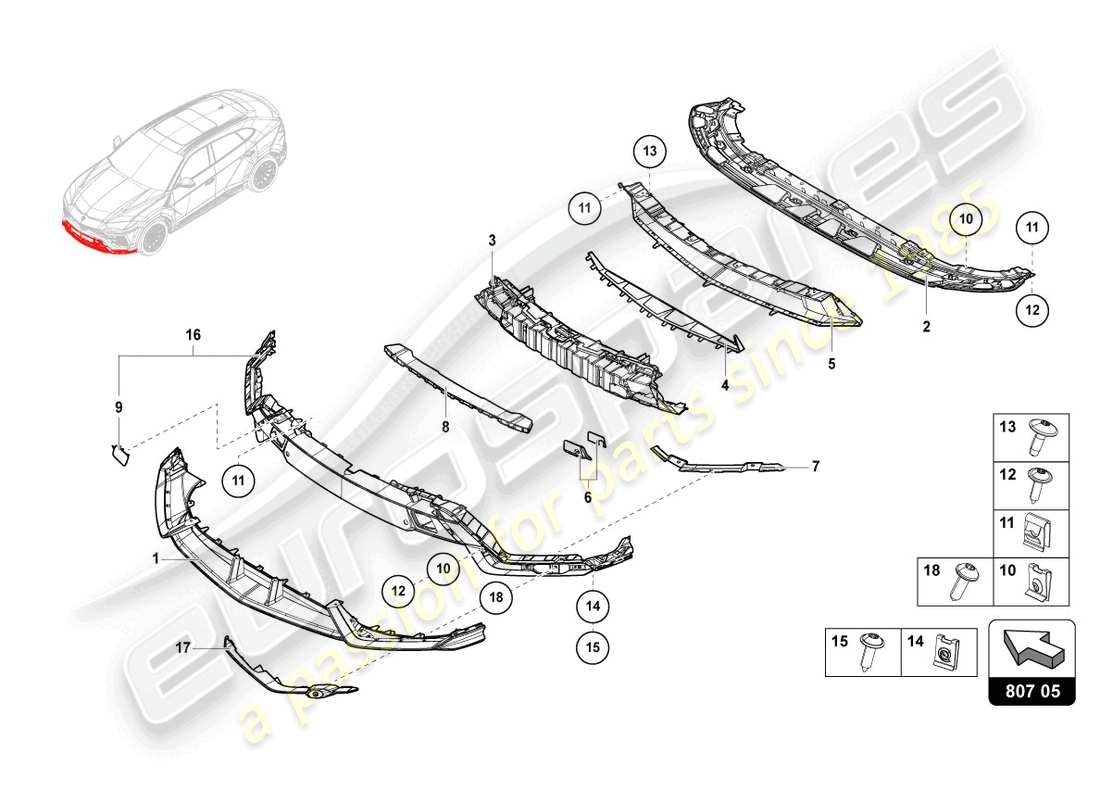 lamborghini urus (2020) parachoques, carbono completo diagrama de piezas