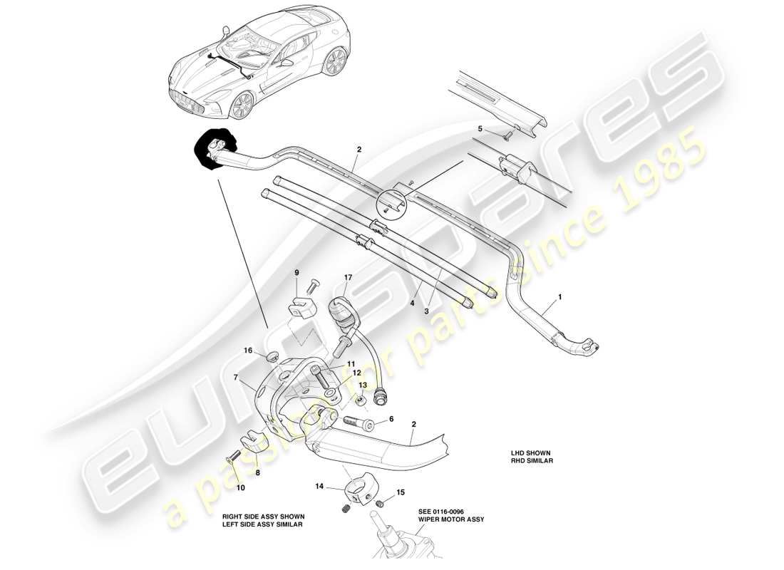 aston martin one-77 (2011) conjunto de escobilla de limpiaparabrisas diagrama de piezas