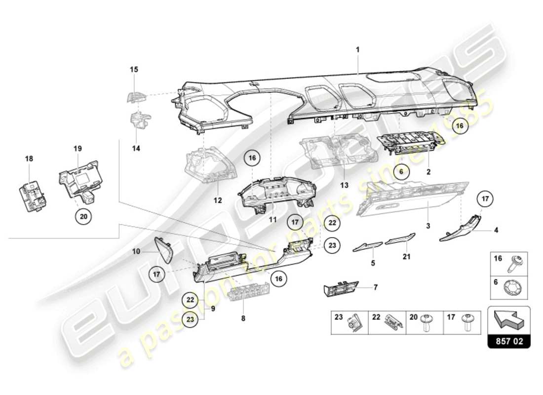 lamborghini tecnica (2024) diagrama de piezas del adorno del panel de instrumentos