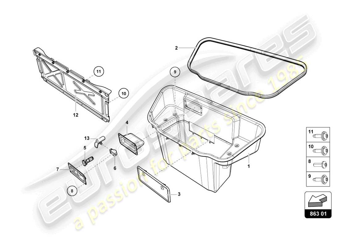 un diagrama de piezas del catálogo de piezas Lamborghini Evo Coupé 2WD (2023)