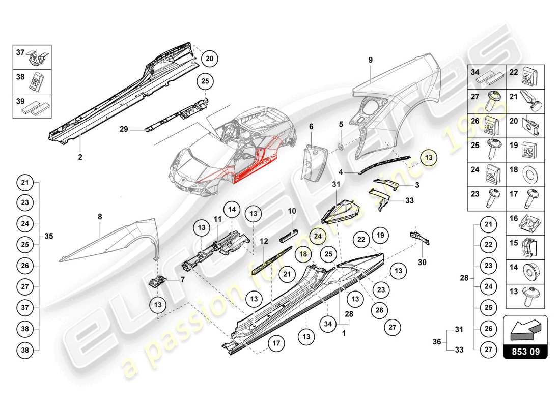 lamborghini tecnica (2023) lateral externo inferior para alojamiento de rueda diagrama de piezas