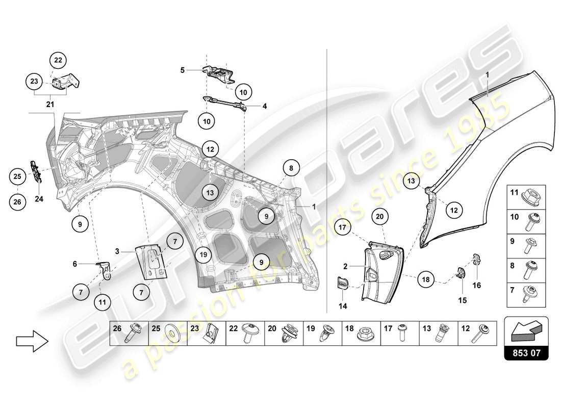 lamborghini evo spyder (2023) protector de ala diagrama de piezas