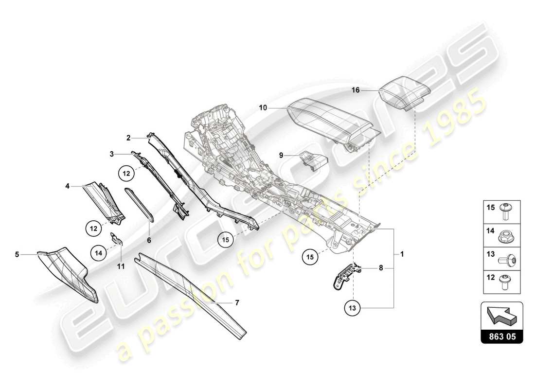 lamborghini evo spyder (2023) adorno del túnel diagrama de piezas