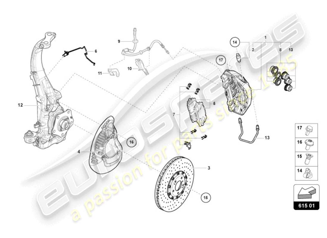 lamborghini urus performante (2024) esquema de piezas de freno de pinza fija delantera