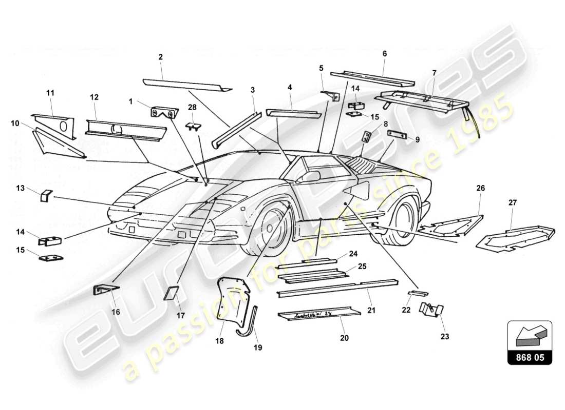 lamborghini countach 25th anniversary (1989) soportes y protectores diagrama de piezas