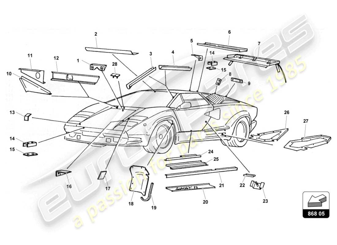 lamborghini countach 25th anniversary (1989) soportes y protectores esquema de piezas