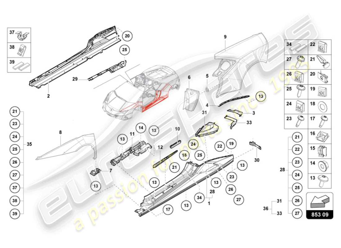 lamborghini sto (2023) lateral externo inferior para alojamiento de rueda diagrama de piezas