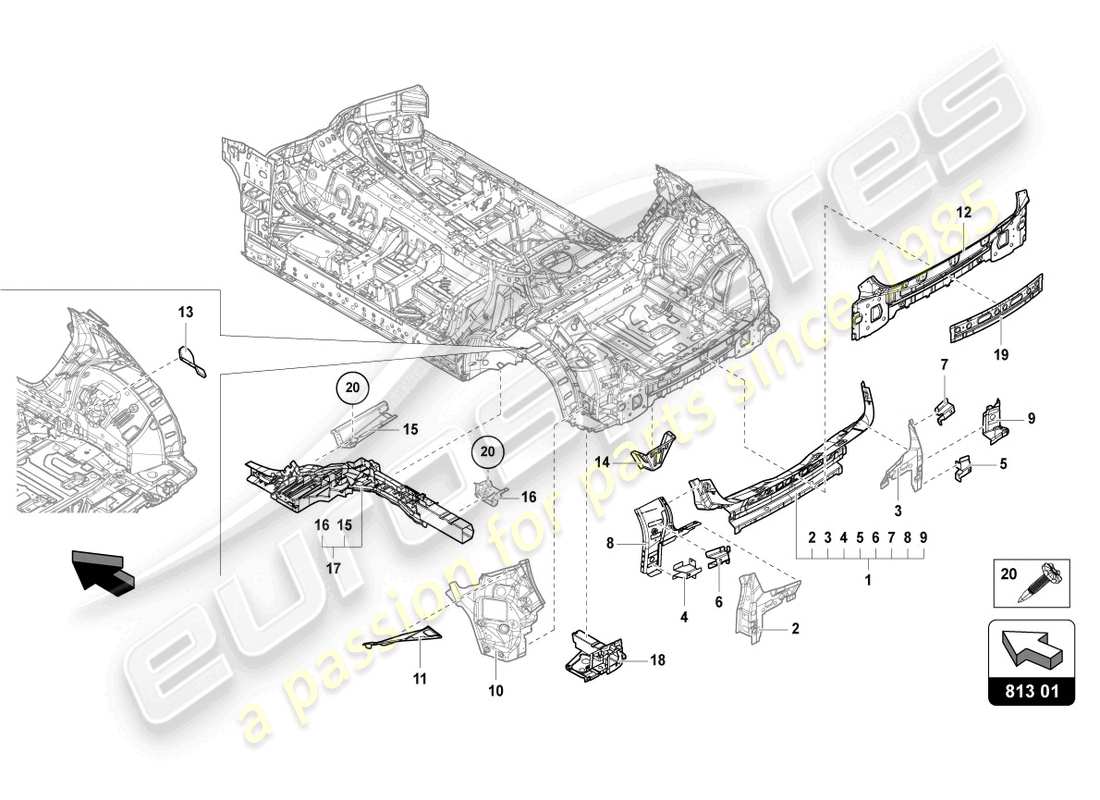 lamborghini urus s (2024) diagrama de pieza trasero debajo de la carrocería